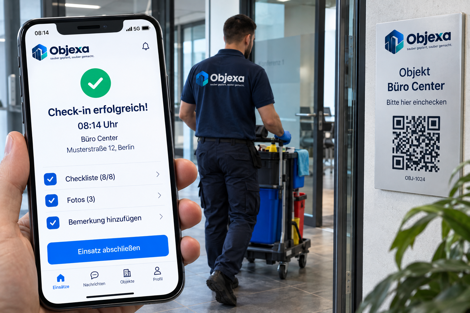 Objexa-Mitarbeiteransicht auf einem Smartphone vor einem Reinigungsmitarbeiter und einem QR-Schild am Büro Center