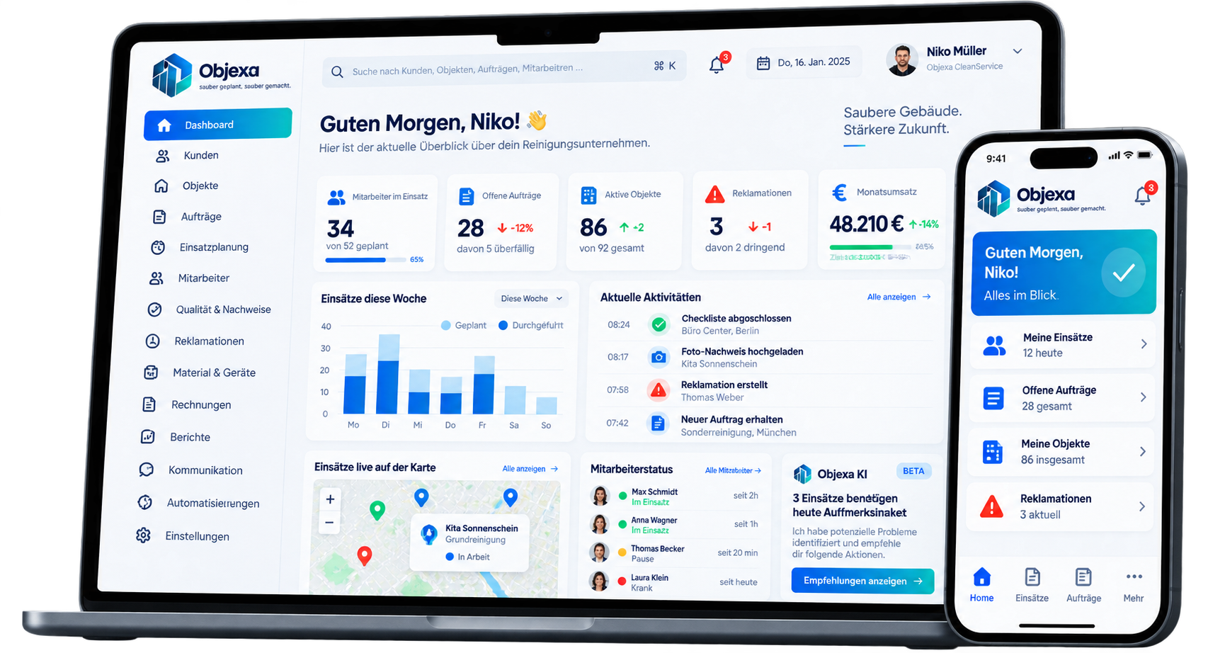 Objexa auf Laptop und Smartphone: Dashboard, Einsätze und Mitarbeiter im Überblick