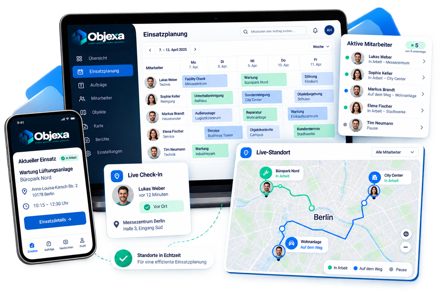 Objexa-Entwurf mit Wochenplanung, Mitarbeiterübersicht und Standortkarte auf Laptop und Smartphone